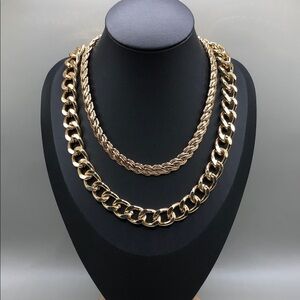 Gold tone chunky chain trendy costume jewelry necklaces bundle 2 layered look.